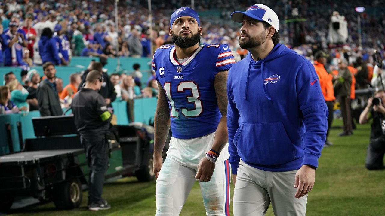 Buffalo Bills wide receiver Gabe Davis (13) walks off the field during the first half of an NFL football game against the Miami Dolphins, Sunday, Jan. 7, 2024, in Miami Gardens, Fla. (AP Photo/Lynne Sladky)