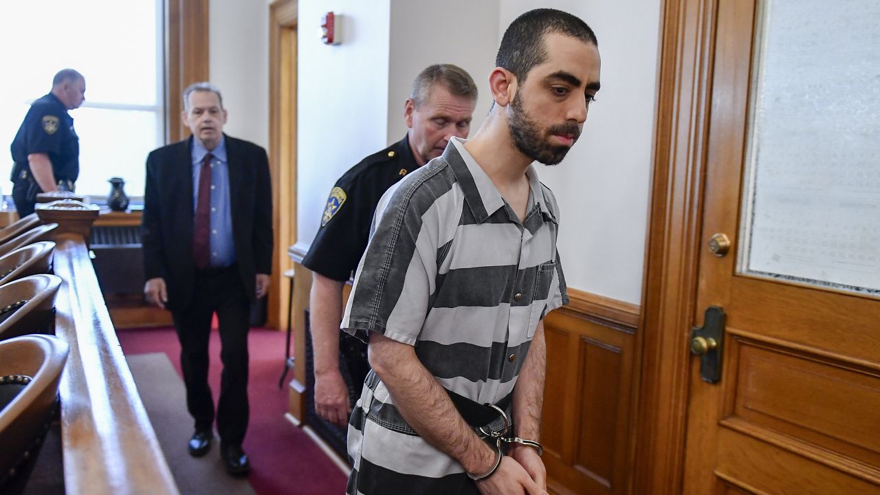 Hadi Matar walks in to the Chautauqua County court in Mayville, N.Y., Friday, May. 16, 2025. (AP Photo/Adrian Kraus)