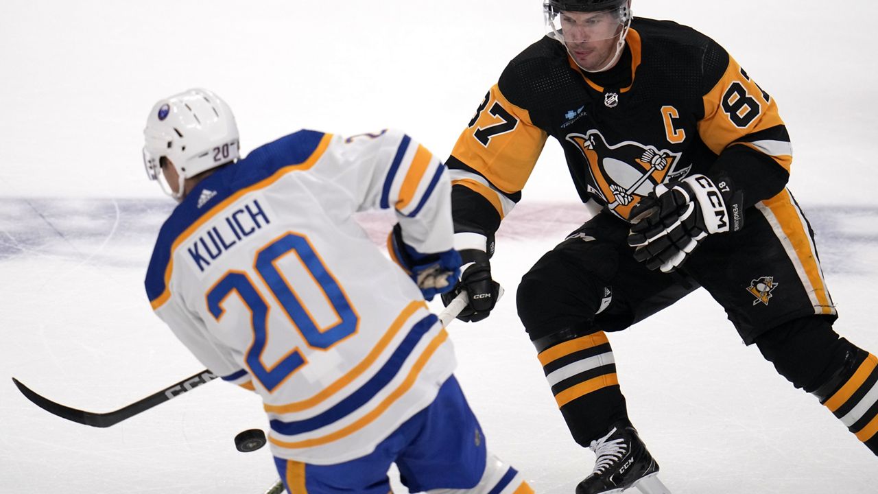 Buffalo Sabres Jeff Skinner (53) wears his Hockey Fights Cancer jersey  prior to first period of an NHL hockey game against the Ottawa Senators,  Saturday, Nov. 16, 2019, in Buffalo, N.Y. (AP