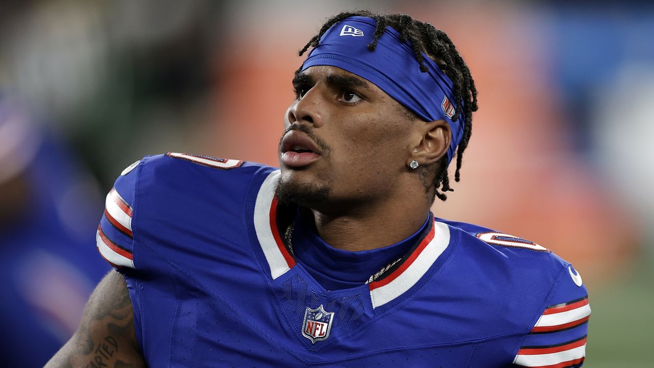 Buffalo Bills wide receiver Keon Coleman (0) before an NFL football game against the New York Jets Monday, Oct. 14, 2024, in East Rutherford, N.J. (AP Photo/Adam Hunger)