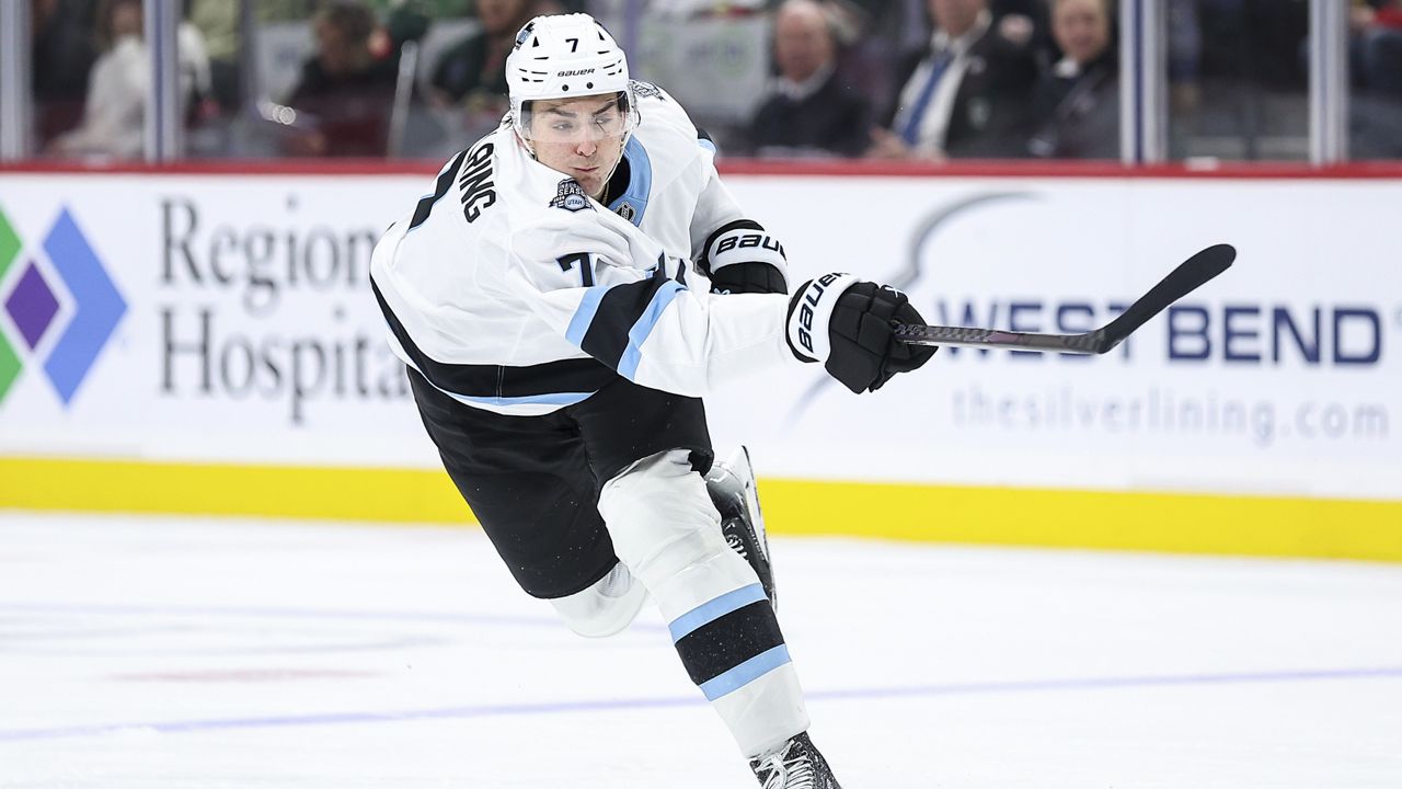 Defenseman Michael Kesselring (7) shoots the puck against the Minnesota Wild during the second period of an NHL hockey game Friday, Dec. 20, 2024, in St. Paul, Minn. (AP Photo/Matt Krohn)