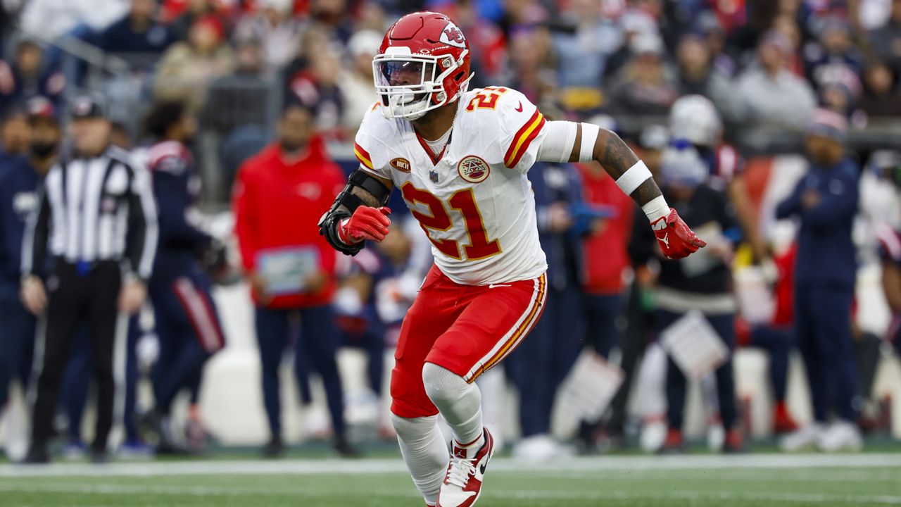 Safety Mike Edwards (21) drops into coverage during the second half of an NFL football game against the New England Patriots on Sunday, Dec. 17, 2023, in Foxborough, Mass. (AP Photo/Greg M. Cooper, File)