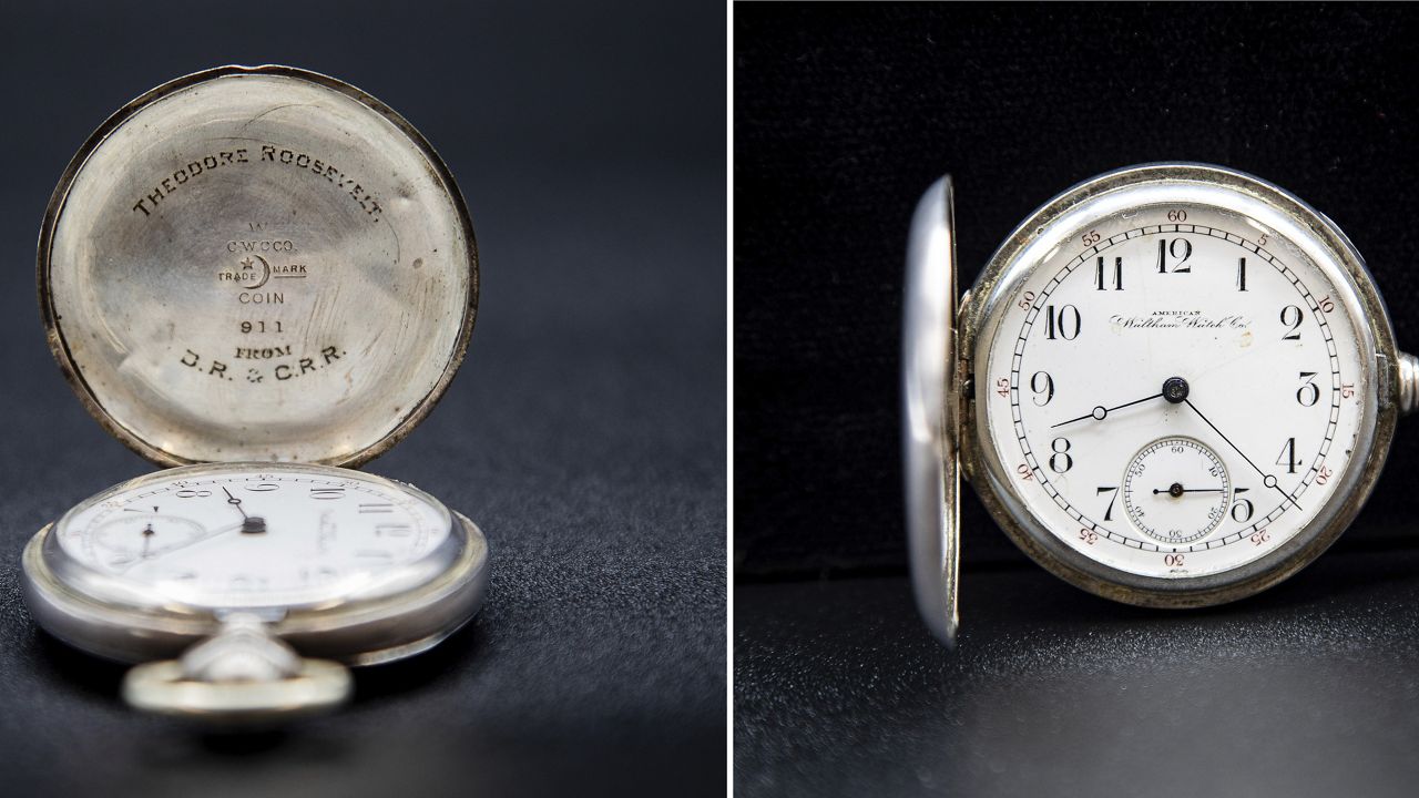 These photos, provided by the National Parks Service, show Theodore Roosevelt's favorite pocket watch that was stolen in July 1987 while on display in Buffalo, NY. The watch turned up at an auction house and was returned this week to the Sagamore Hill national historic site in New York. (Jason Wickersty/National Park Service via AP)
