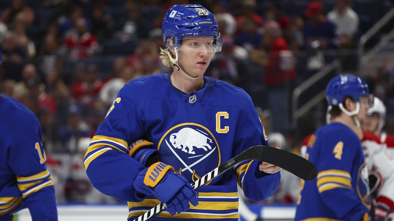 Buffalo Sabres defenseman Rasmus Dahlin (26) looks on during the first period of an NHL hockey game against the Montreal Canadiens Monday, Nov. 11, 2024, in Buffalo, N.Y. (AP Photo/Jeffrey T. Barnes)