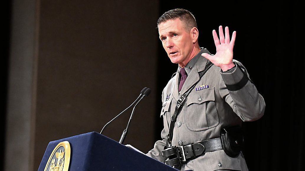 Acting New York State Police Superintendent Steven Nigrelli speaks in Albany at a state police troopers graduation in October 2022. Nigrelli abruptly announced his retirement Friday following an investigation into allegations he's harassed employees. (AP Photo/Hans Pennink)