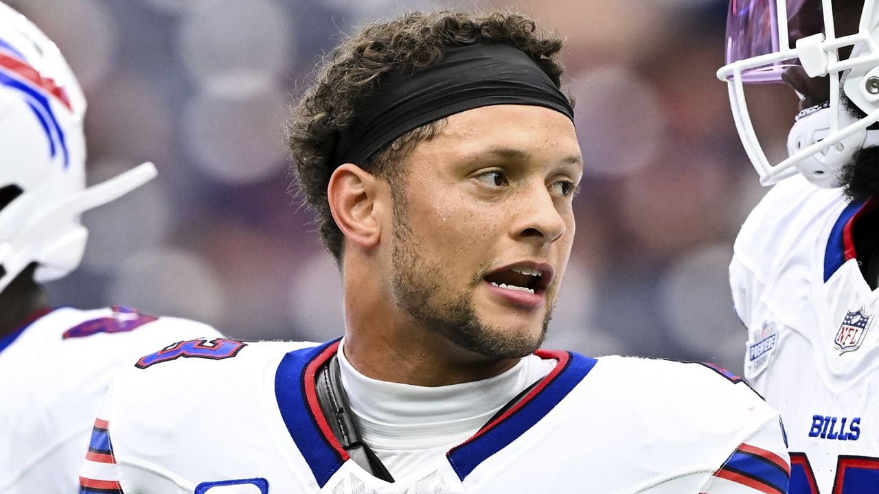 Buffalo Bills linebacker Terrel Bernard (43) looks on during warms up prior to an NFL football game against Houston Texans, Sunday, Oct 6, 2024 in Houston. (AP Photo/Maria Lysaker)