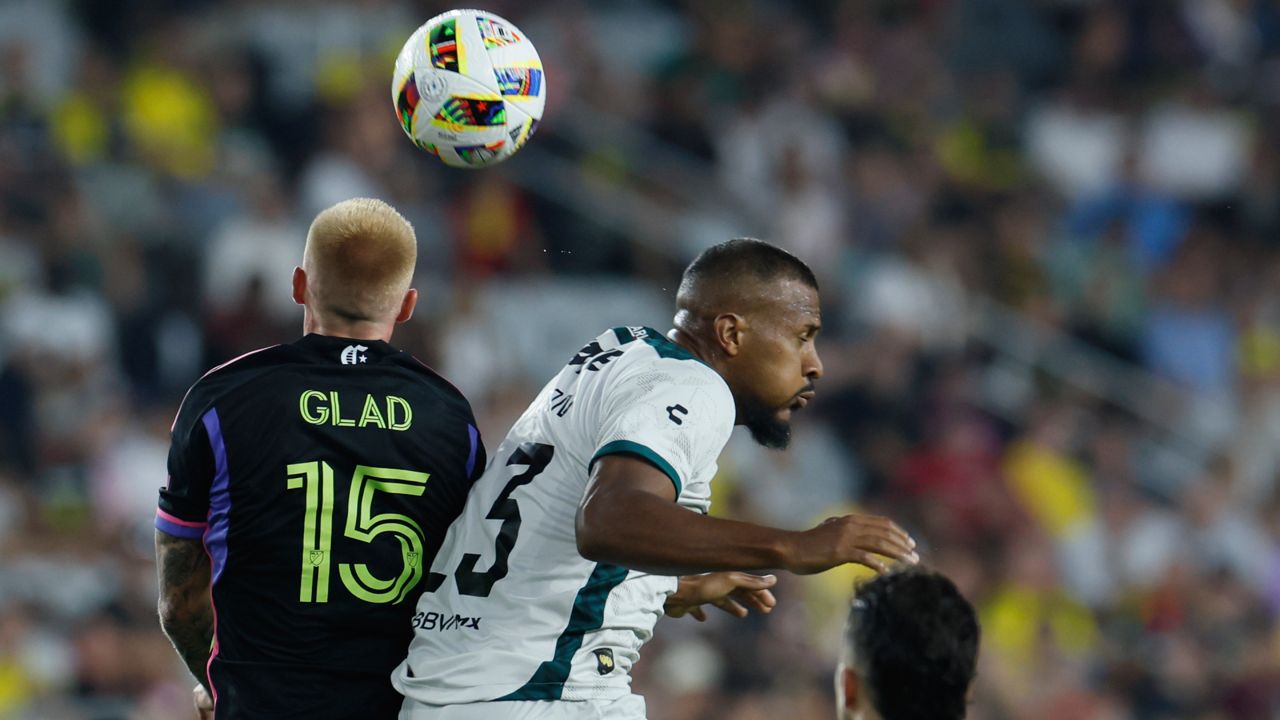 MLS All-Stars' Justin Glad, left, and Liga MX All-Stars' Salomon Rondon jump to head the ball during the first half of the MLS All-Star soccer match Wednesday, July 24, 2024, in Columbus, Ohio. 