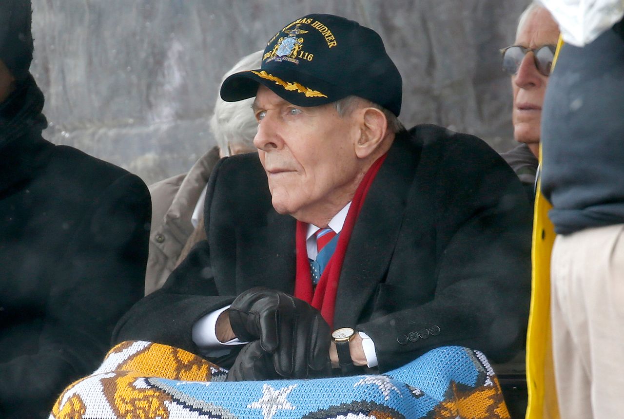 In this April 1, 2017 file photo, Korean War veteran Thomas Hudner looks on during the christening ceremony for the future USS Thomas Hudner, a U.S. Navy destroyer named in his honor, at Bath Iron Works in Bath, Maine. (AP Photo/Mary Schwalm, File)