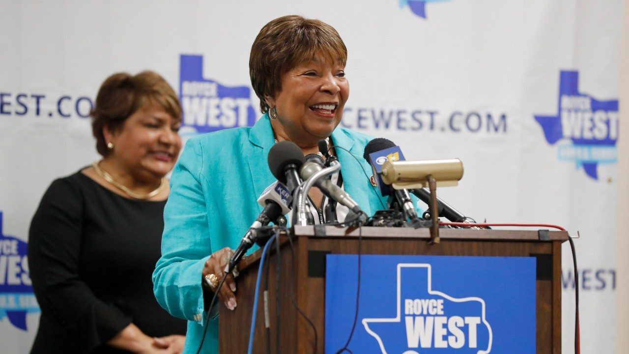 Rep. Eddie Bernice Johnson, D-Texas, makes comments as she introduces state Sen. Royce West at a rally where West announced his bid to run for the U,S. Senate in Dallas, Monday, July 22, 2019. (AP Photo/Tony Gutierrez)