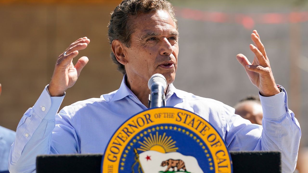 Former Los Angeles mayor Antonio Villaraigosa talks to reporters during a press conference at the construction site of a new water desalination plant in Antioch, Calif., Thursday, Aug. 11, 2022. Governor Gavin Newsom has named Villaraigosa an infrastructure advisor. (AP Photo/Godofredo A. Vásquez)