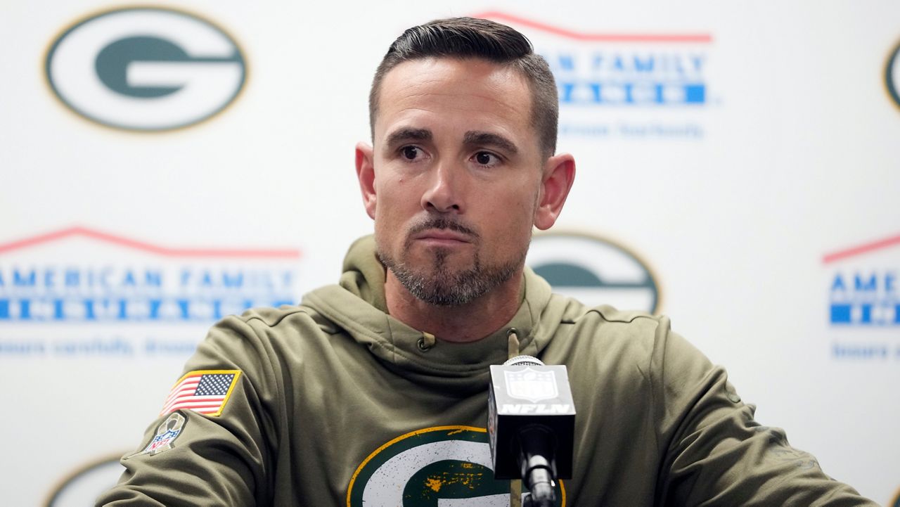 Green Bay Packers head coach Matt LaFleur addresses the media after an NFL football game against the Detroit Lions, Sunday, Nov. 6, 2022, in Detroit. 