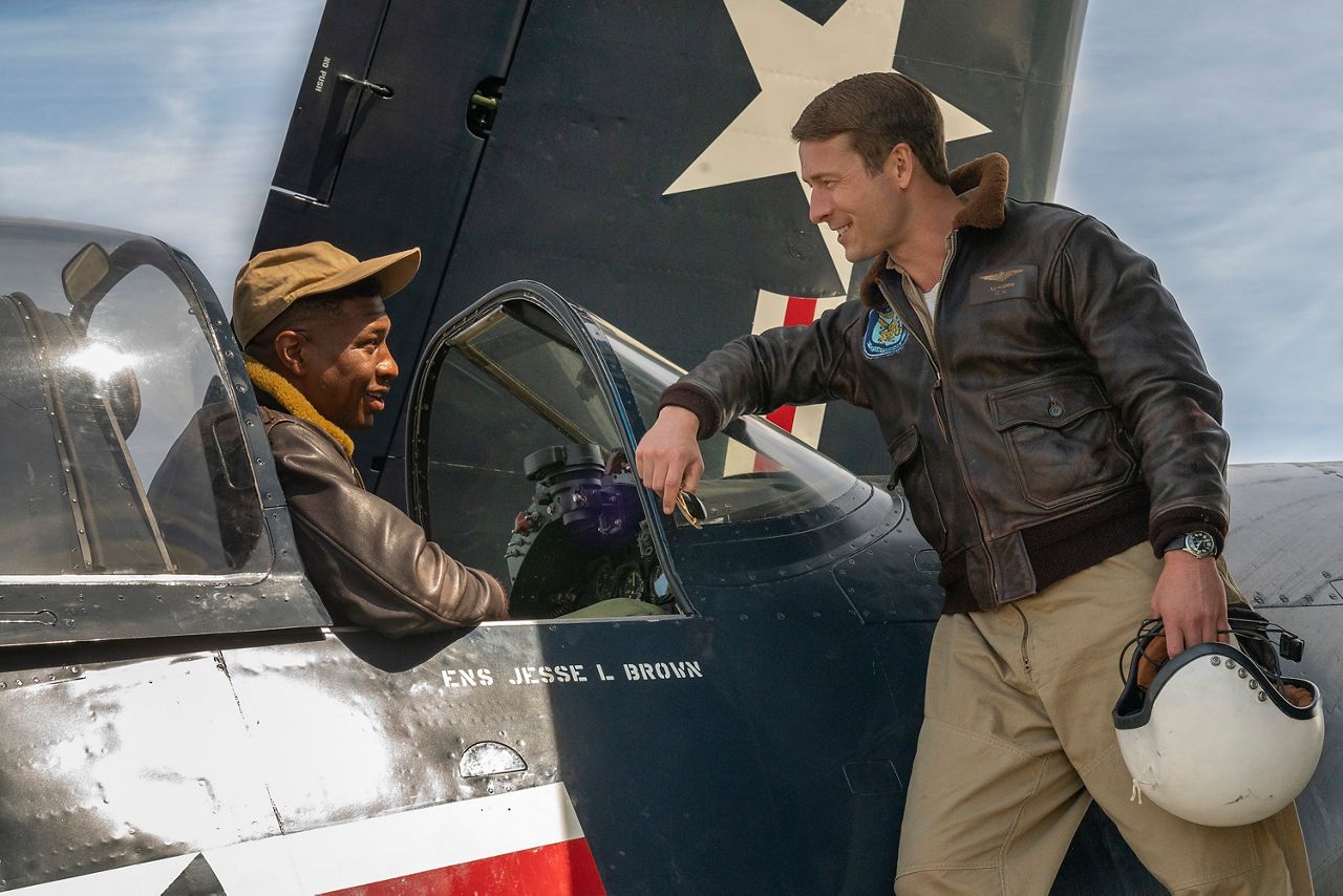 Jonathan Majors, left, and Glen Powell in a scene from "Devotion." (Eli Ade/Columbia Pictures-Sony via AP)