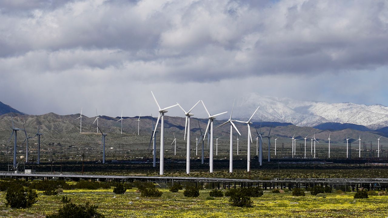 FILE - Wind turbines stand in fields near Palm Springs, Calif, March 22, 2023. Electricity generated from renewables surpassed coal in the United States for the first time in 2022, the U.S. Energy Information Administration announced Monday, March 27, 2023.  (AP Photo/Ashley Landis, File)