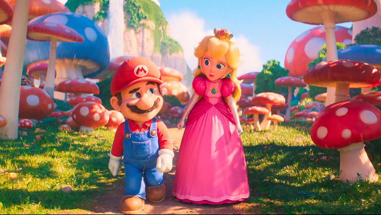 This image released by Nintendo and Universal Studios shows Mario, voiced by Chris Pratt, left, and Princess Peach, voiced by Anya Taylor-Joy, in Nintendo's "The Super Mario Bros. Movie." (Nintendo and Universal Studios via AP)