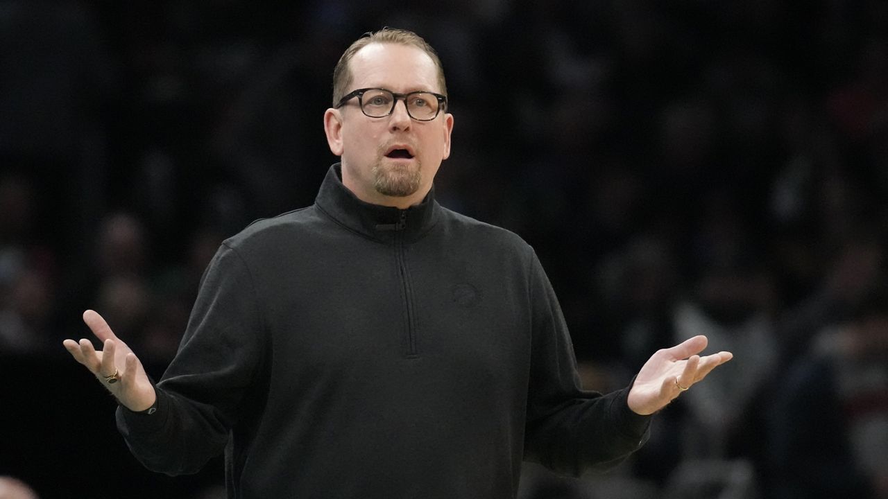 Toronto Raptors coach Nick Nurse reacts to a call during the first half of the team's NBA basketball game against the Boston Celtics, Wednesday, April 5, 2023, in Boston. (AP Photo/Charles Krupa)