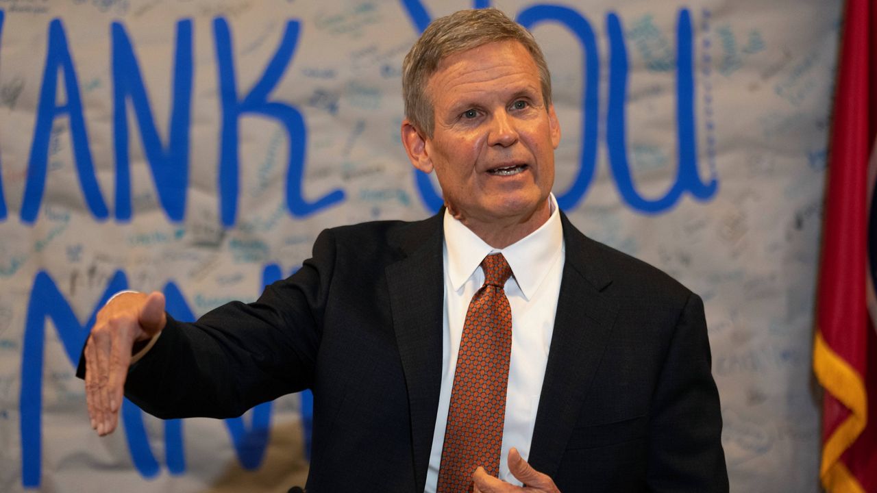 Gov. Bill Lee responds to questions during a news conference Tuesday, April 11, 2023, in Nashville, Tenn. Lee held the news conference to talk about gun control legislation and an executive order to require information for background checks on gun purchases to be updated more rapidly. (AP Photo/George Walker IV)