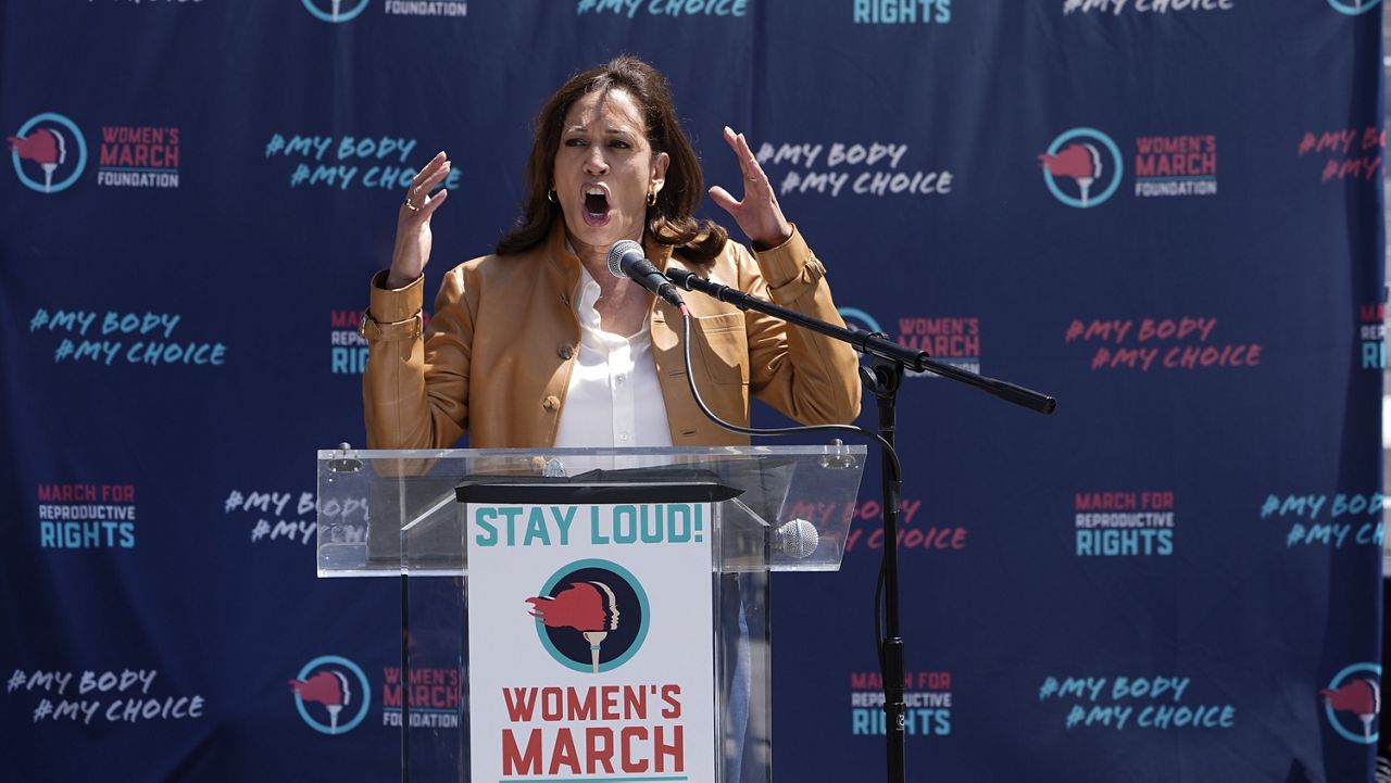 Vice President Kamala Harris gives remarks at the Women's March in Los Angeles Saturday, Apr. 15, 2023. (AP Photo/Damian Dovarganes)