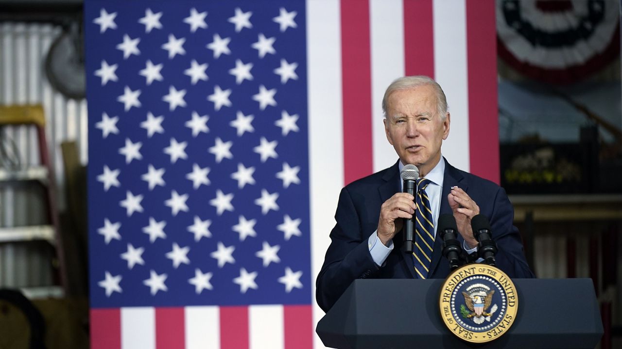 President Joe Biden speaks about his economic agenda at International Union of Operating Engineers Local 77's training facility in Accokeek, Md., Wednesday, April 19, 2023. (AP Photo/Patrick Semansky)