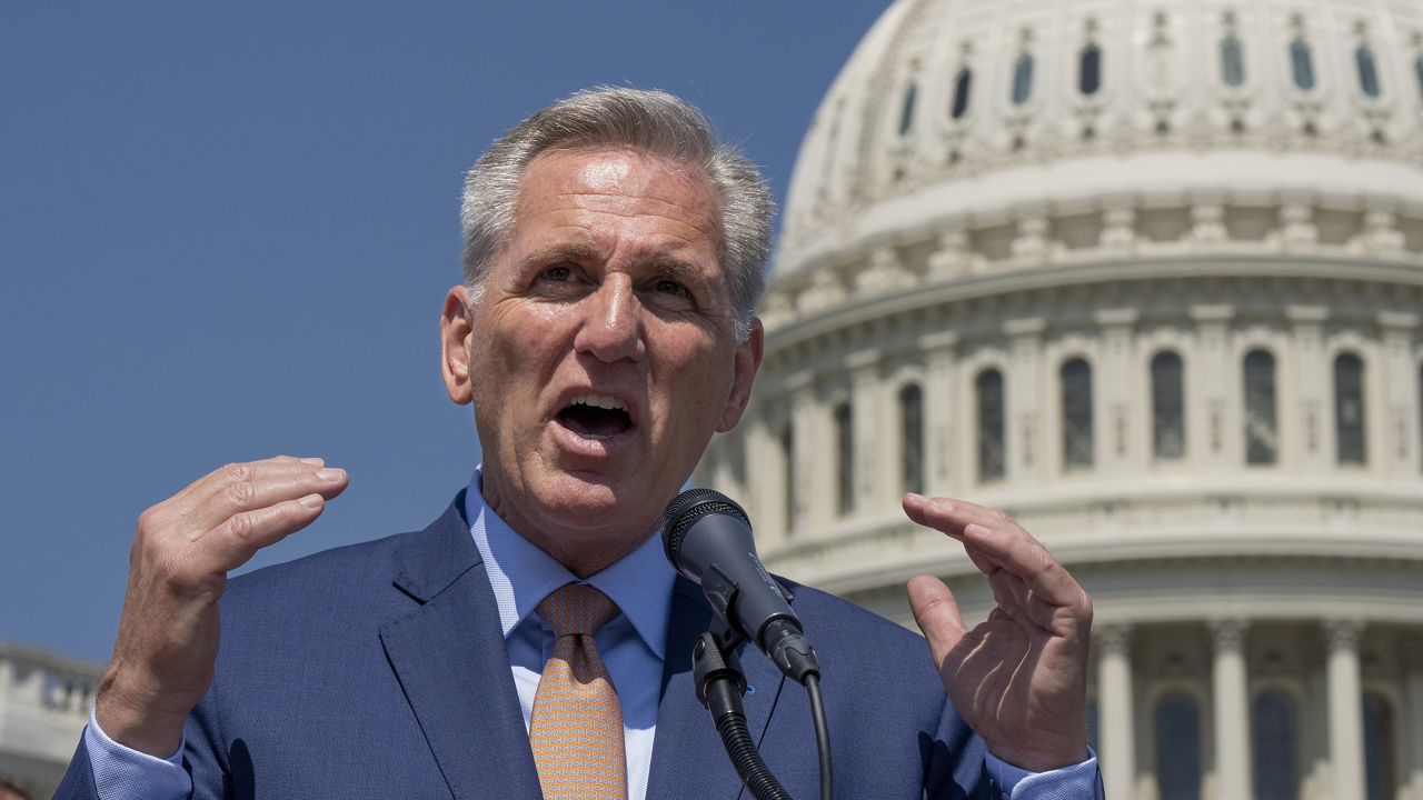 Speaker of the House Kevin McCarthy, R-Calif., speaks at the Capitol in Washington, Thursday, April 20, 2023. McCarthy is working to round up the Republican votes needed to pass his debt ceiling package. (AP Photo/J. Scott Applewhite)