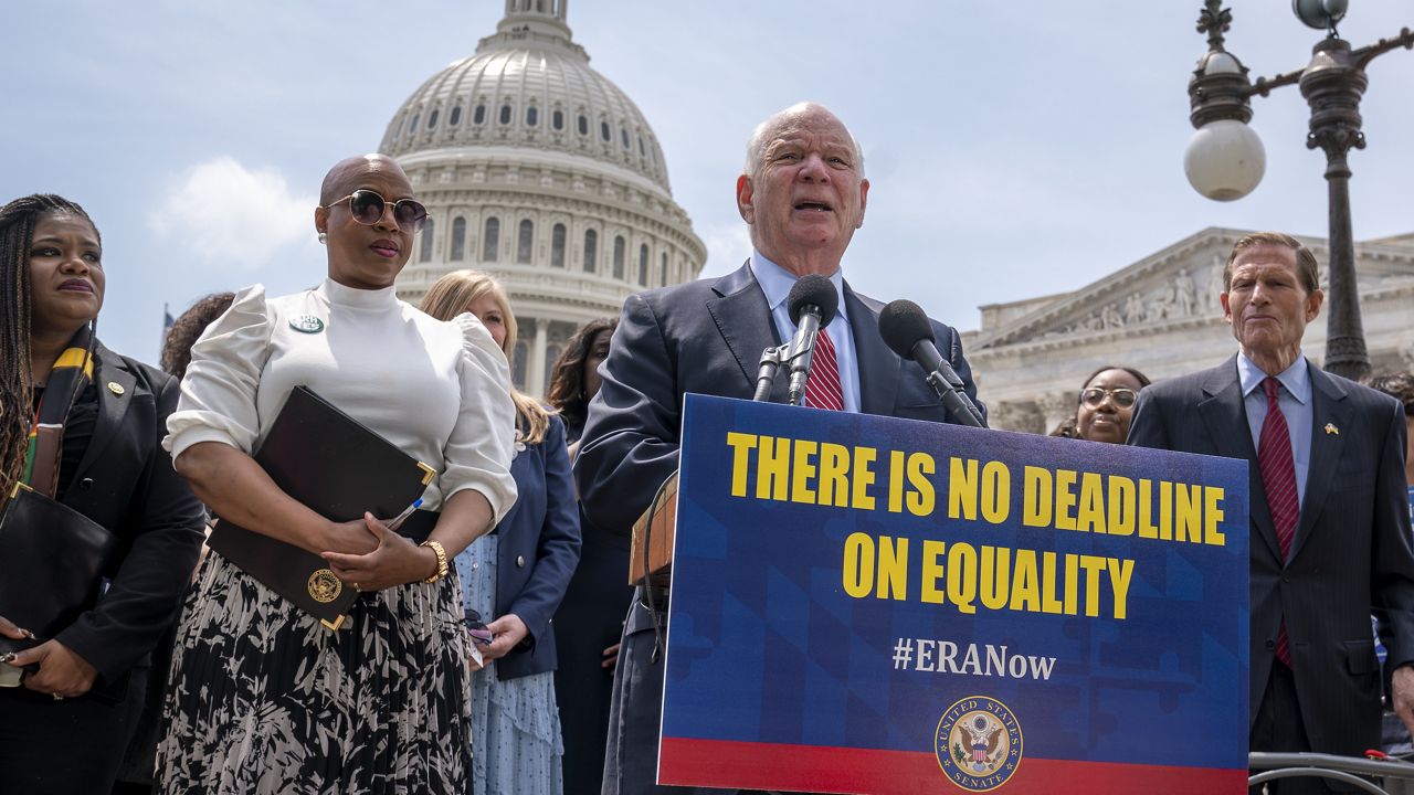 Sen. Ben Cardin, D-Md., center, joined from left by Rep. Cori Bush, D-Mo., Rep. Ayanna Pressley, D-Mass., and Sen. Richard Blumenthal, D-Conn., calls to remove the deadline for ratification of the Equal Rights Amendment, during a news conference at the Capitol in Washington, Thursday, April 27, 2023. (AP Photo/J. Scott Applewhite)