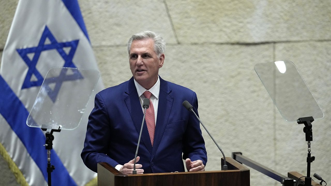 Speaker of the House Kevin McCarthy addresses lawmakers during a session of the Knesset, Israel's parliament, in Jerusalem, Monday, May 1, 2023. (AP Photo/Ohad Zwigenberg)