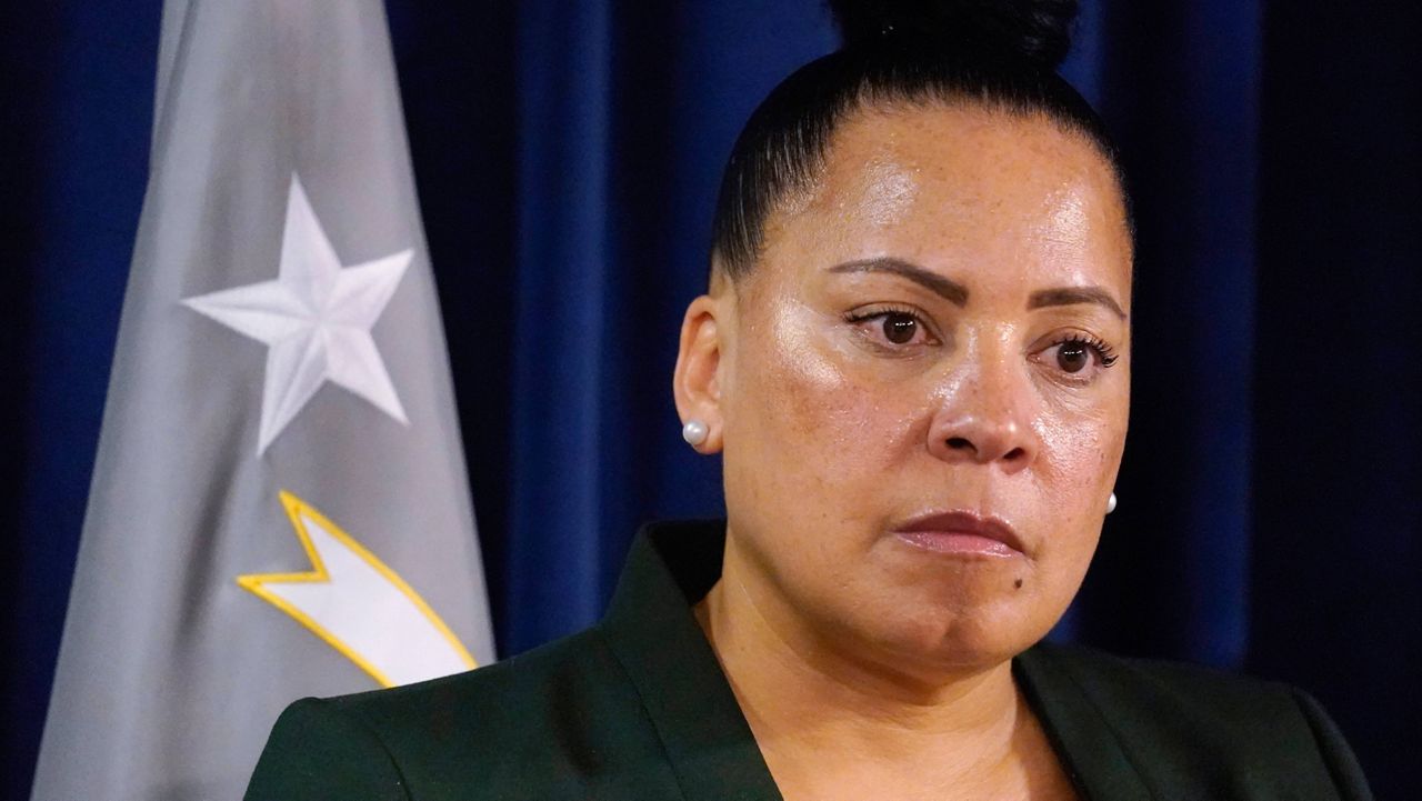 Massachusetts U.S. Attorney Rachael Rollins addresses the media at the Moakley Federal Courthouse, May 24, 2022, in Boston. Rollins will resign after a monthslong ethics investigation by the Justice Department's inspector general into her appearance at a political fundraiser and other potential issues, her attorney said Tuesday, May 16, 2023. (AP Photo/Charles Krupa)