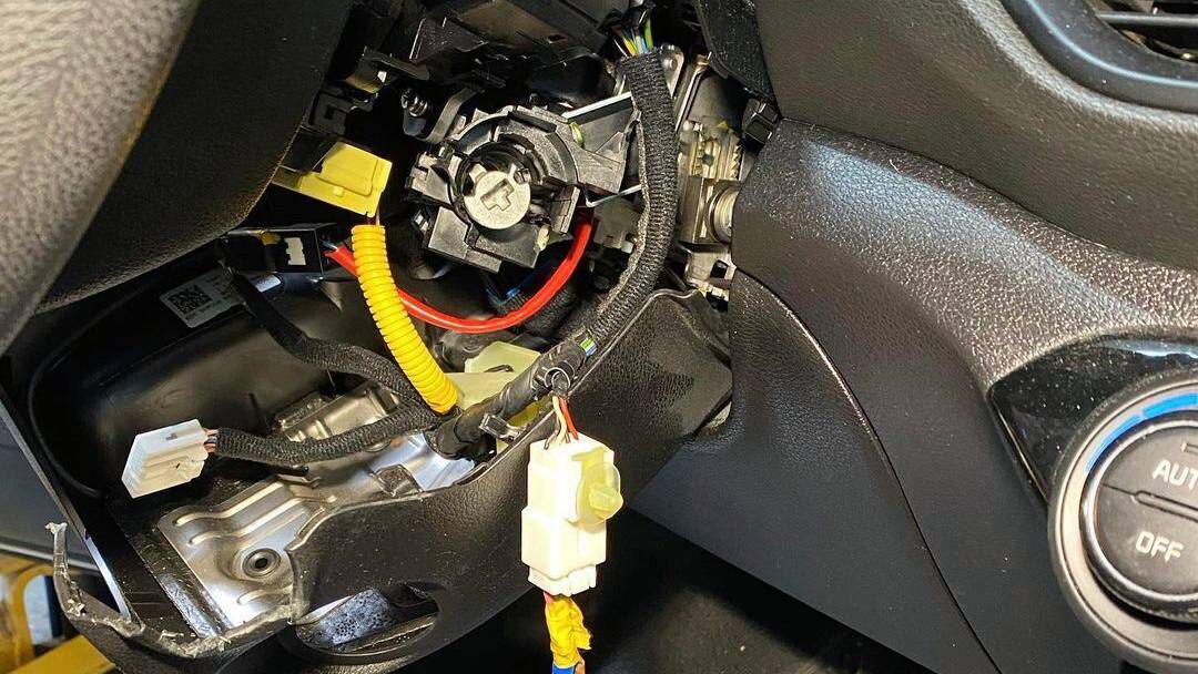 This photo provided by Zenith Auto Care shows damage to a steering wheel column and ignition assembly after the car was stolen, on April 20, 2023, in North Las Vegas. (Zenith Auto Care via AP)