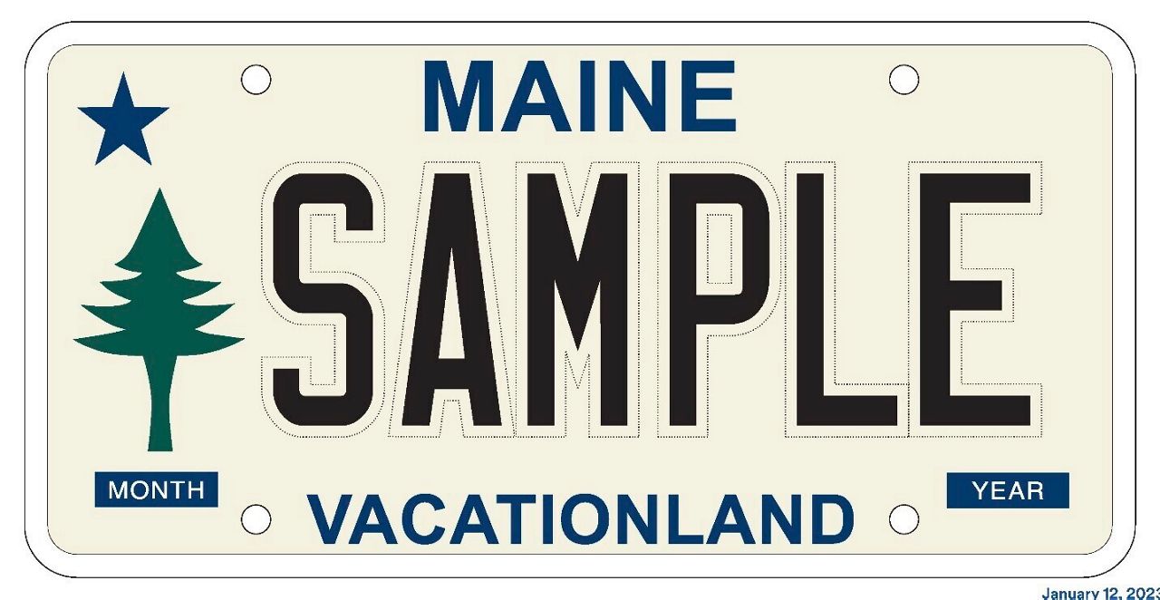 This image provided by the Secretary of State's office shows the proposed new design for the Maine license plate. If a bill before the Legislature is approved, it would replace the chickadee plates that have been in use in Maine for almost 25 years. The new design features elements of the 1901 Maine state flag, with a navy blue star and dark green pine tree. (Maine Secretary of State’s Office via AP)