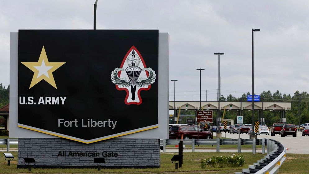 File photo of the Fort Liberty sign is displayed outside the base on Friday, June 2, 2023 in Fort Liberty, N.C.  (AP Photo/Karl B DeBlaker)