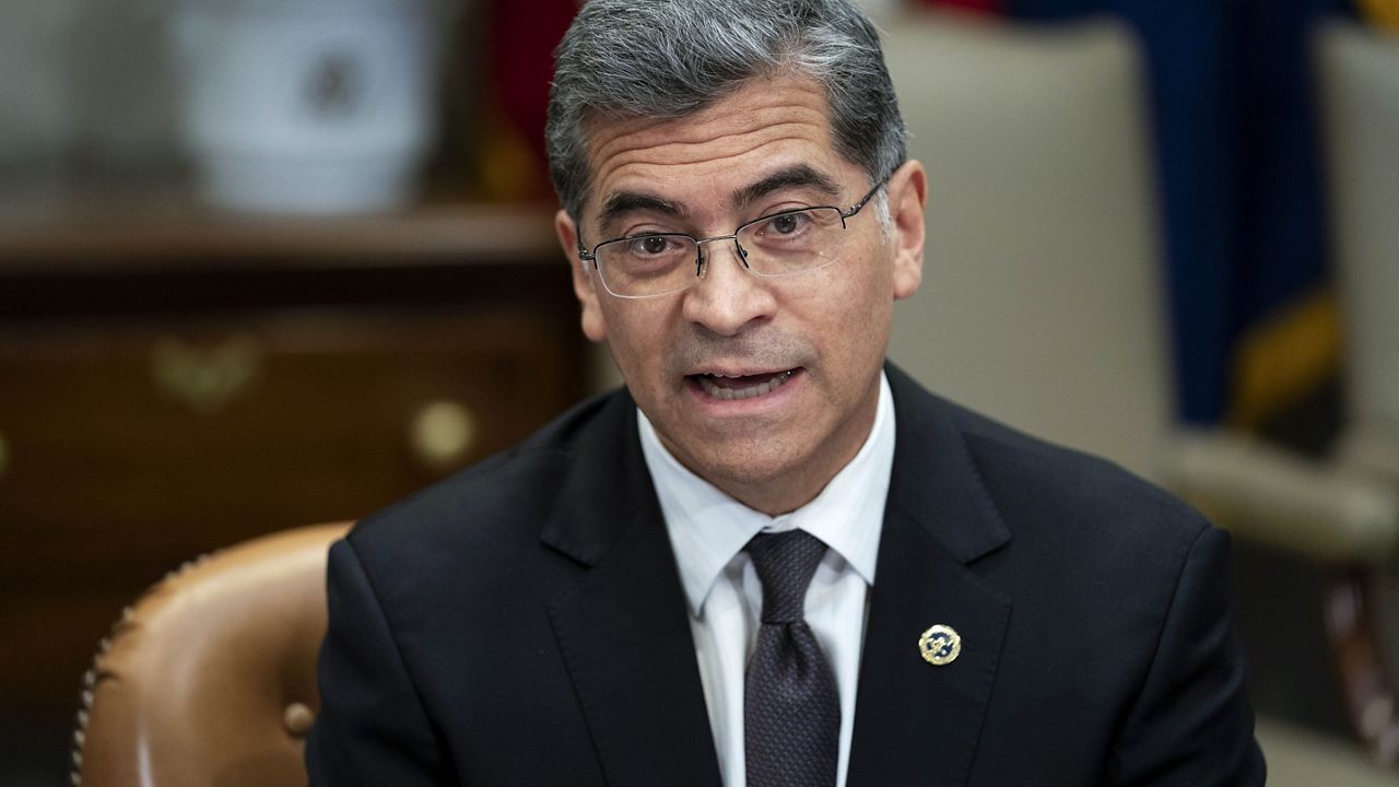 FILE - Health and Human Services Secretary Xavier Becerra speaks during a meeting with a task force on reproductive health care access in the Roosevelt Room of the White House, April 12, 2023, in Washington. (AP Photo/Evan Vucci, File)