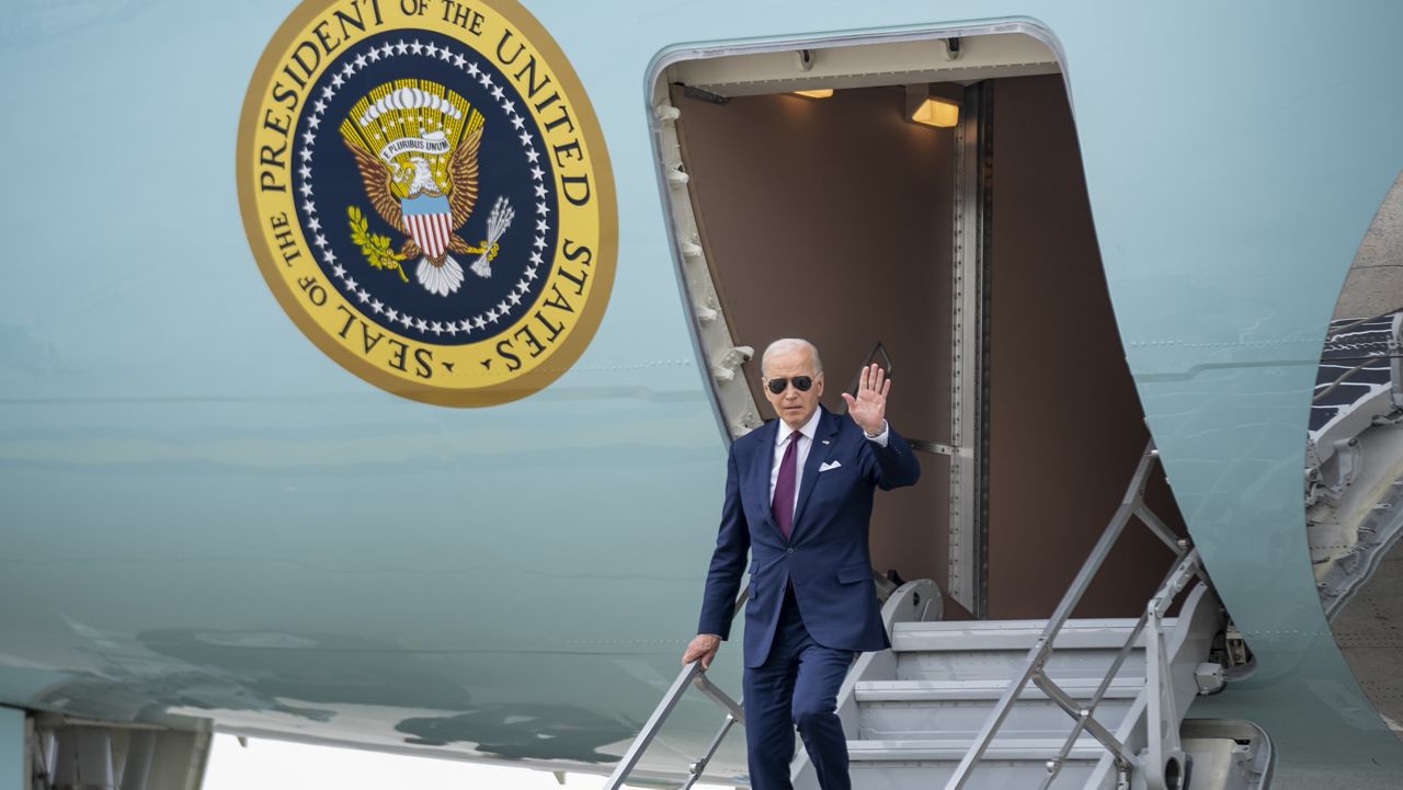 President Joe Biden arrives at John F. Kennedy International Airport in New York, Thursday, June 29, 2023, to attend campaign receptions. (AP Photo/Andrew Harnik)