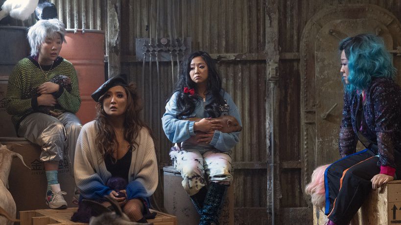 This image released by Lionsgate shows Sabrina Wu as Deadeye, from left, Ashley Park as Audrey, Stephanie Hsu as Kat and Sherry Cola as Lolo in a scene from "Joy Ride." (Ed Araquel/Lionsgate via AP)