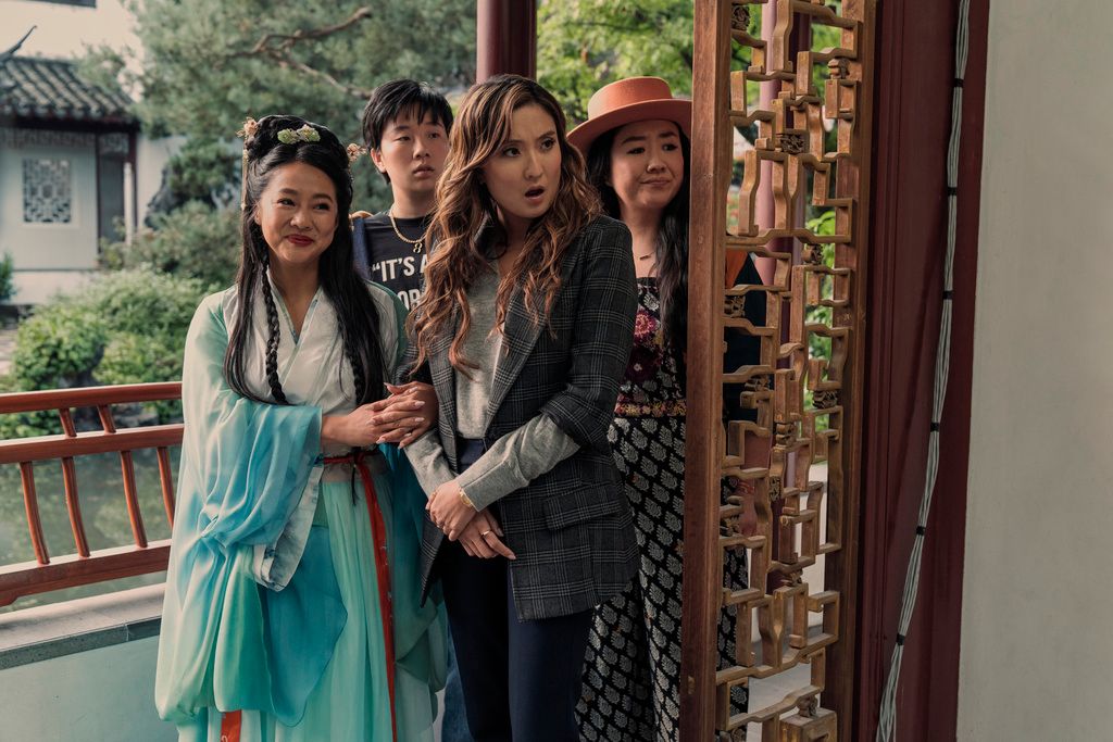 This image released by Lionsgate shows Stephanie Hsu as Kat, from left, Sabrina Wu as Deadeye, Ashley Park as Audrey, and Sherry Cola as Lolo in a scene from "Joy Ride." (Ed Araquel/Lionsgate via AP)