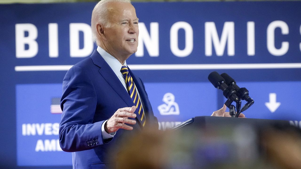 President Joe Biden speaks during a stop at a solar manufacturing company that's part of his "Bidenomics" rollout on Thursday, July 6, 2023, in West Columbia, S.C. (AP Photo/Meg Kinnard)