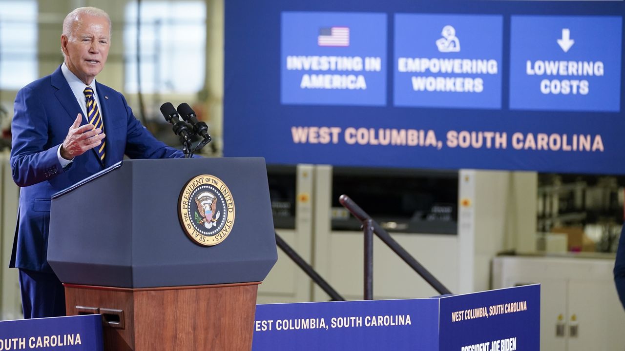 President Joe Biden speaks about his economic agenda at Flex LTD, Thursday, July 6, 2023, in West Columbia, S.C. (AP Photo/Evan Vucci)