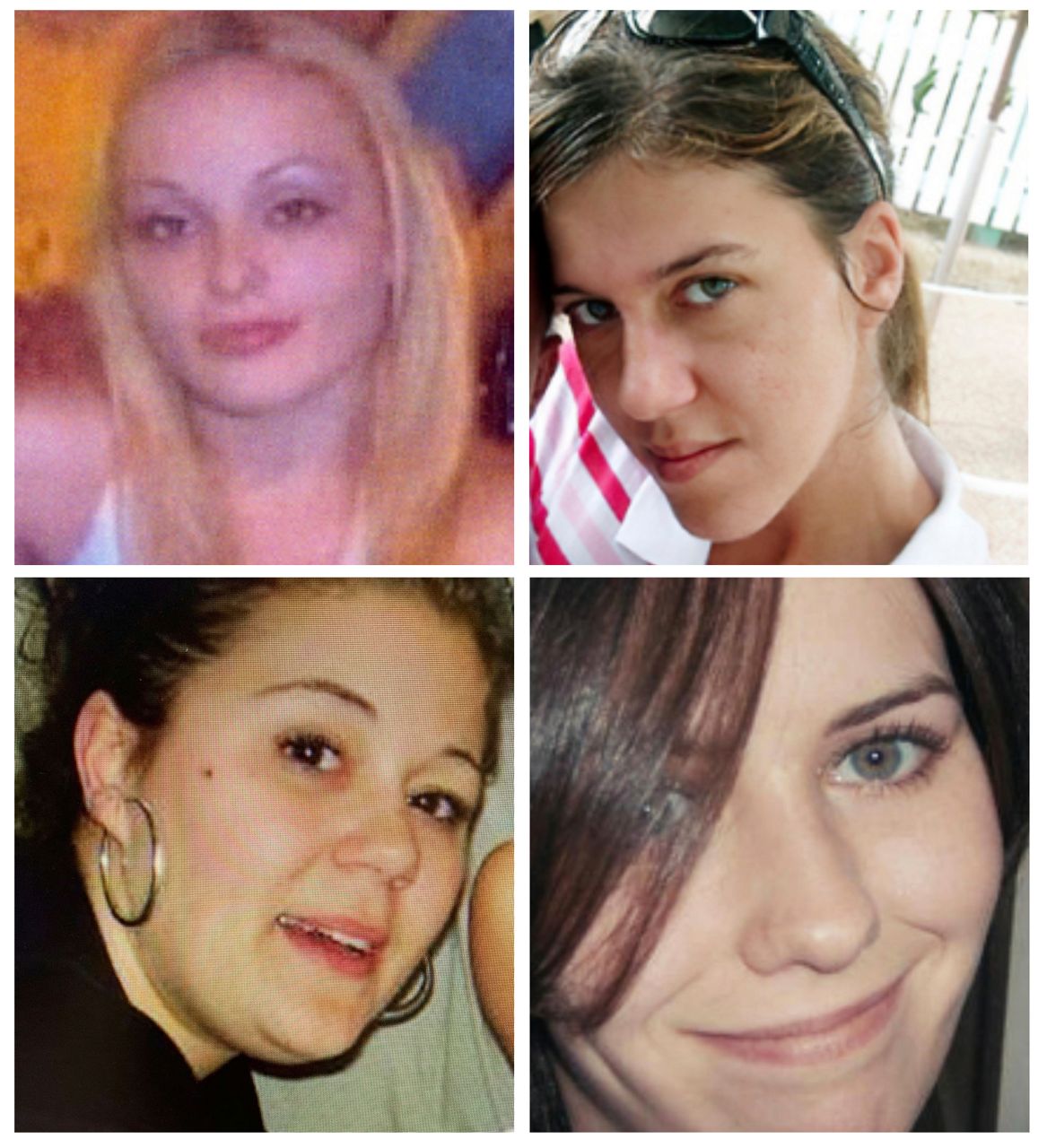 This combination of undated image provided by the Suffolk County Police Department, shows Melissa Barthelemy, top left, Amber Costello, top right, Megan Waterman, bottom left, and Maureen Brainard-Barnes. Authorities on Long Island are vowing to continue investigating a string of killings known as the Gilgo Beach murders after charging an architect in the deaths of three of the 11 victims. Rex Heuermann, 59, is accused of killing Melissa Barthelemy, Amber Costello and Megan Waterman over a decade ago. He is also considered the prime suspect in the death of another woman, Maureen Brainard-Barnes. (Suffolk County Police Department via AP)