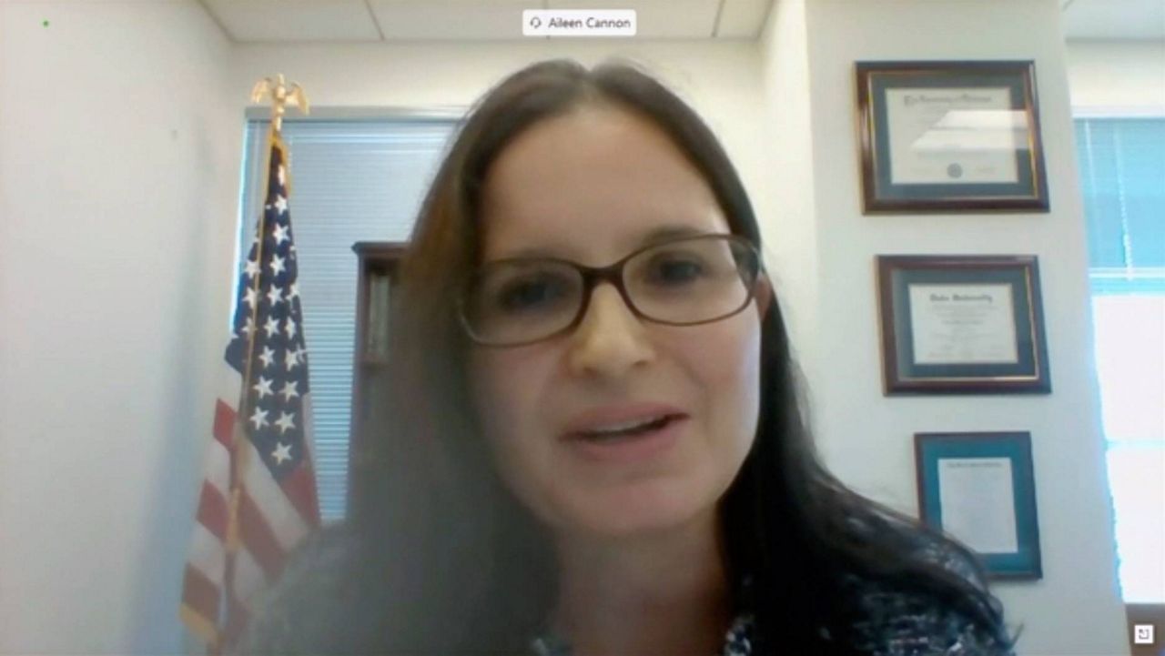 In this image from video provided by the U.S. Senate, Aileen M. Cannon speaks remotely during a Senate Judiciary Committee oversight nomination hearing to be U.S. District Court for the Southern District of Florida on July 29, 2020, in Washington. The judge presiding over the federal prosecution of former President Donald Trump, U.S. District Judge Aileen Cannon, takes the bench in the case for the first time this week as she and lawyers for both sides discuss the procedures for handling classified information in the case. (U.S. Senate via AP)