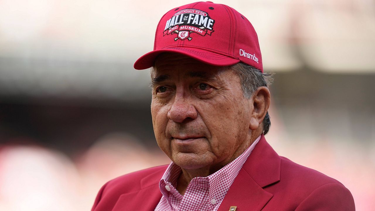 Former Cincinnati Reds player Johnny Bench looks on after being introduced during the Reds Hall of Fame Induction Ceremony before a baseball game between the Reds and the Milwaukee Brewers, Saturday, July 15, 2023, in Cincinnati. (AP Photo/Darron Cummings)