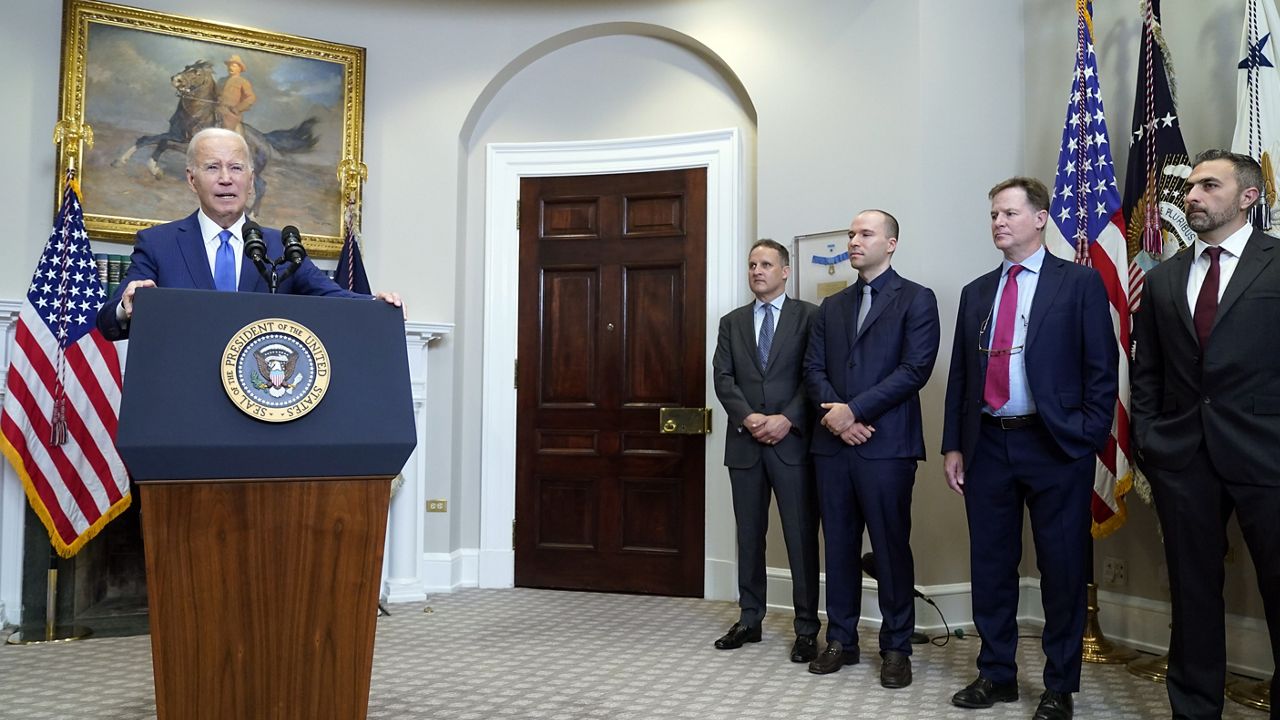 FILE President Joe Biden speaks about artificial intelligence in the Roosevelt Room of the White House, Friday, July 21, 2023, in Washington, as from left, Adam Selipsky, CEO of Amazon Web Services; Greg Brockman, President of OpenAI; Nick Clegg, President of Meta; and Mustafa Suleyman, CEO of Inflection AI, listen. (AP Photo/Manuel Balce Ceneta)