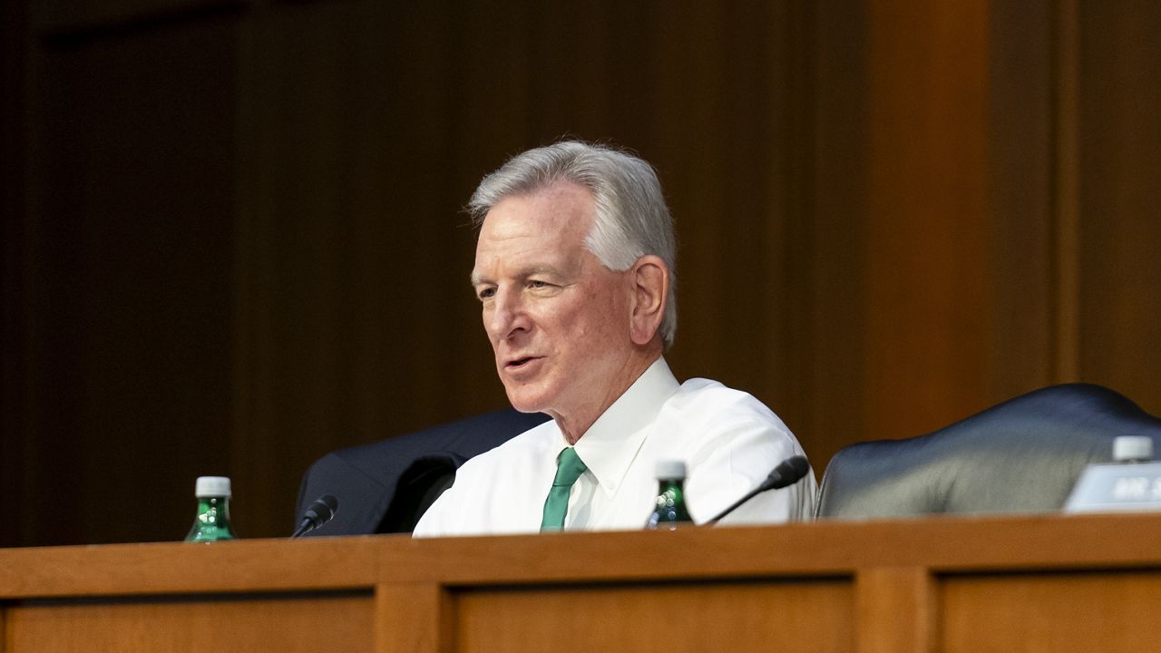 Sen. Tommy Tuberville, R-Ala., speaks during a Senate Armed Services Committee hearing consider the nominations of Air Force Air Force Lt. Gen. Gregory Guillot and Lt. Gen. Stephen Whiting to the grade of general and to be top commanders of the the North American Aerospace Defense Command and the United States Space Command, respectively, Wednesday, July 26, 2023, on Capitol Hill in Washington. (AP Photo/Stephanie Scarbrough)