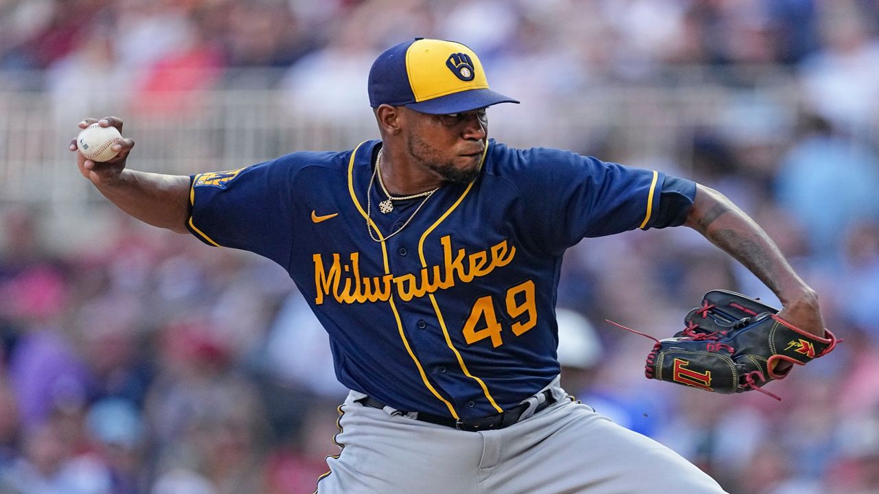 Julio Teheran of the Milwaukee Brewers throws a pitch during the