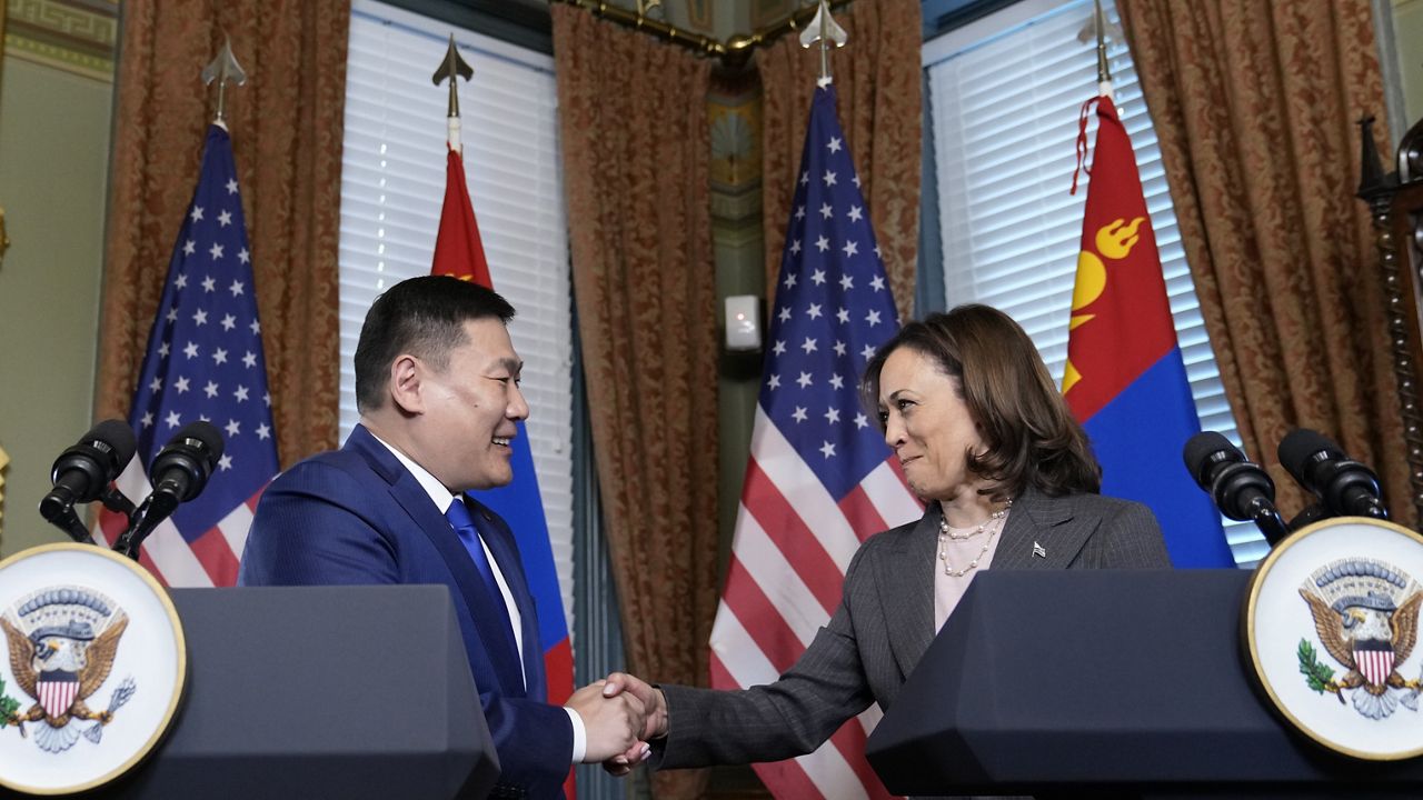 Vice President Kamala Harris shakes hands with Mongolia's Prime Minister Luvsannamsrain Oyun-Erdene in her ceremonial office on the White House complex in Washington, Wednesday, Aug. 2, 2023. (AP Photo/Susan Walsh)