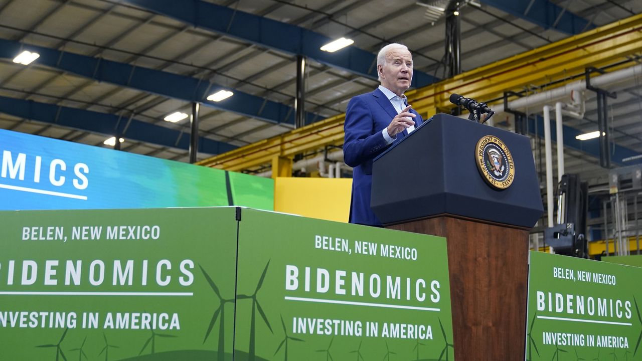 President Joe Biden speaks at the Arcosa Wind Towers, Wednesday, Aug. 9, 2023, in Belen, N.M. Biden is making the case that his policies of financial and tax incentives have revived U.S. manufacturing. (AP Photo/Alex Brandon)