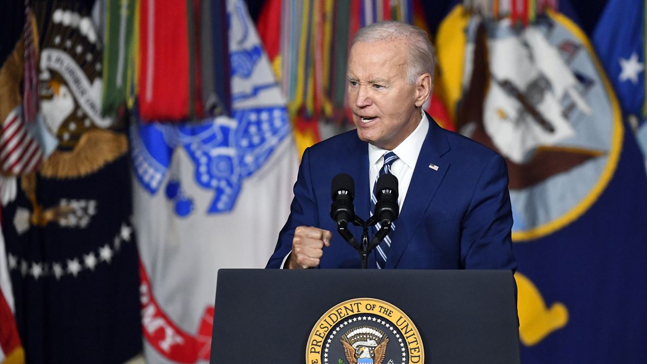 President Joe Biden speaks at the George E. Wahlen Department of Veterans Affairs Medical Center, Thursday, Aug. 10, 2023, in Salt Lake City. Biden is speaking on the one-year anniversary of the PACT Act, which provides new benefits to veterans who were exposed to toxic substances. (AP Photo/Alex Goodlett)