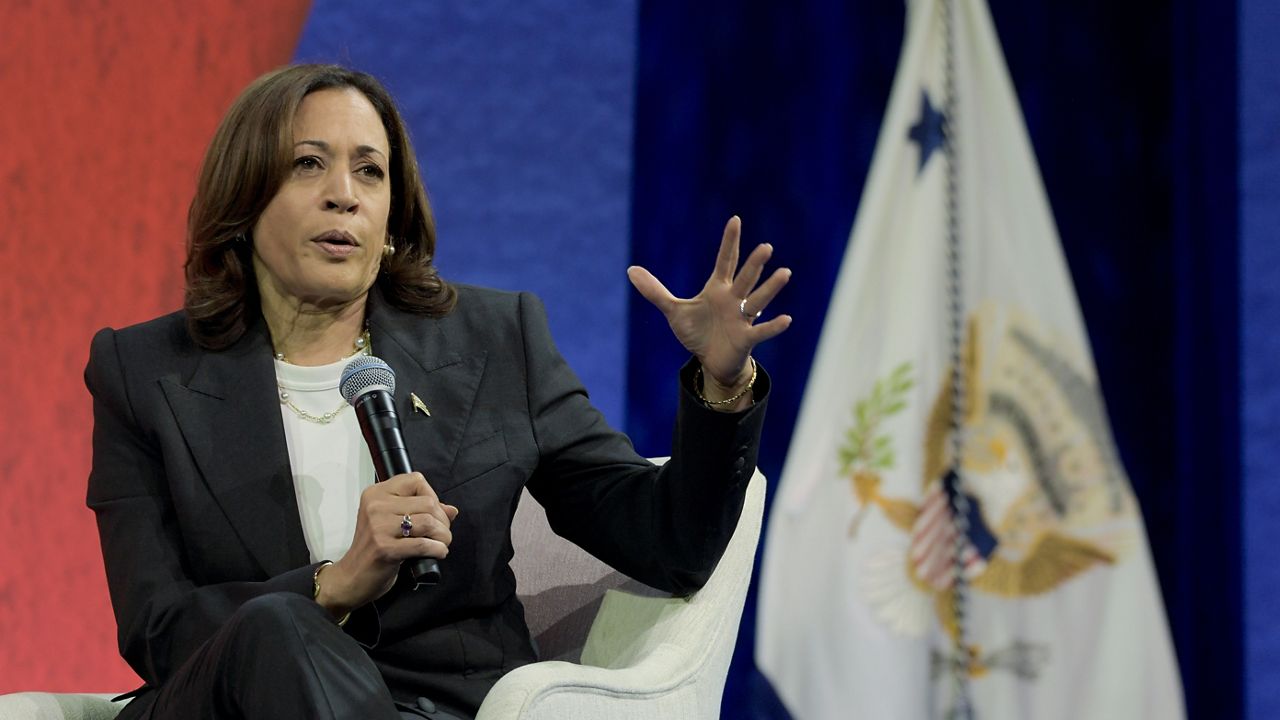 Vice President Kamala Harris speaks during the Everytown for Gun Safety Action Fund's annual Gun Sense University conference at McCormick Place in Chicago on Wednesday, Aug. 11, 2021. (AP Photo/Mark Black)