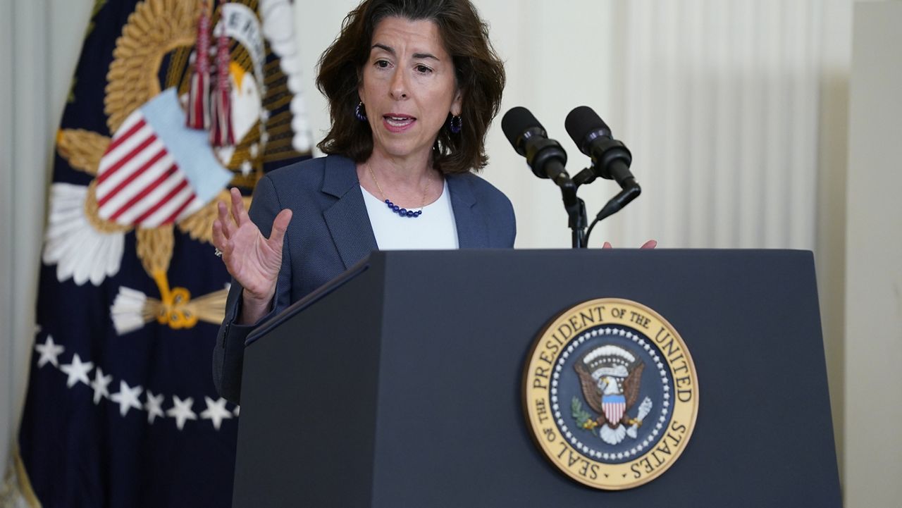Commerce Secretary Gina Raimondo speaks during an event about high speed internet infrastructure, in the East Room of the White House on June 26, 2023, in Washington. (AP Photo/Evan Vucci)