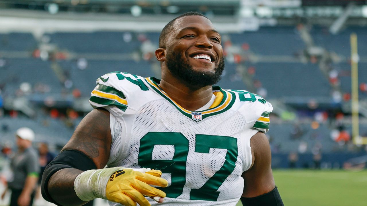 Green Bay Packers defensive tackle Kenny Clark (97) walks off the field after an NFL football game against the Chicago Bears, Sunday, Sept. 10, 2023, in Chicago. 