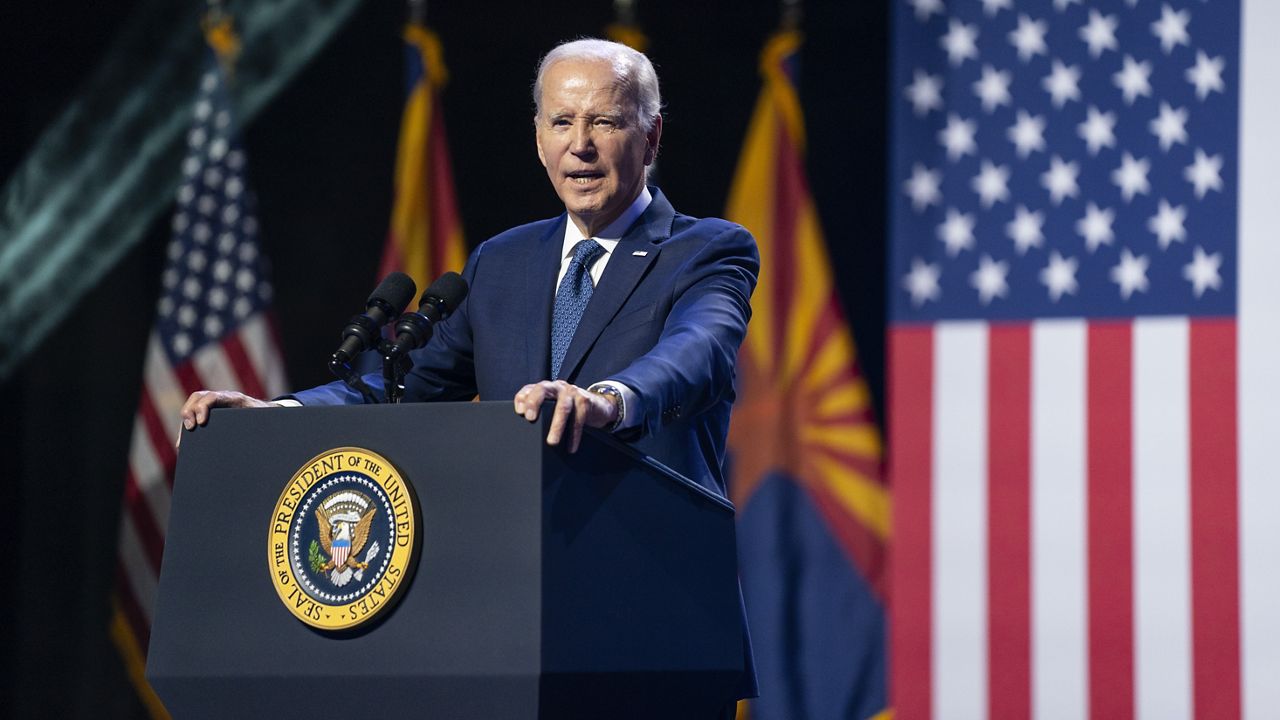 President Joe Biden delivers remarks on democracy and honoring the legacy of the late Sen. John McCain at the Tempe Center for the Arts, Thursday, Sept. 28, 2023, in Tempe, Ariz. (AP Photo/Evan Vucci)