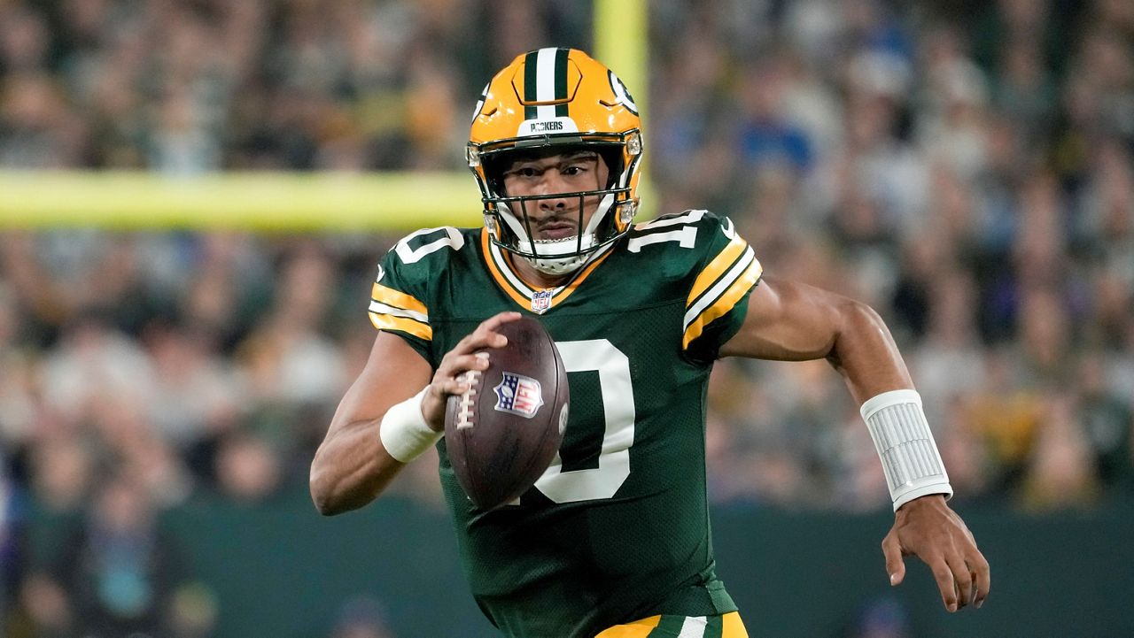 Green Bay Packers' Jordan Love during the first half of an NFL football game against the Detroit Lions Thursday, Sept. 28, 2023, in Green Bay, Wis.