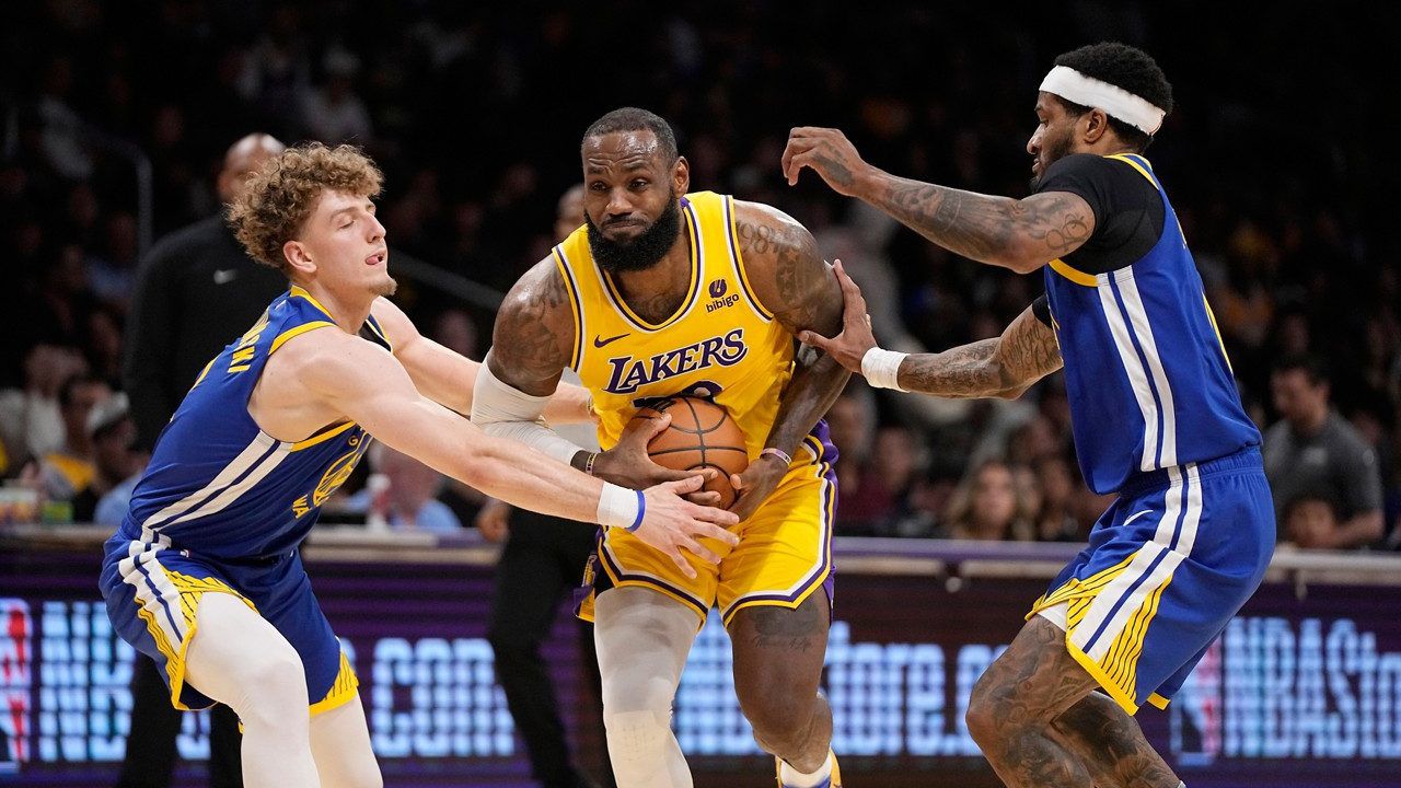 Close view of LeBron James of the Los Angeles Lakers hat during